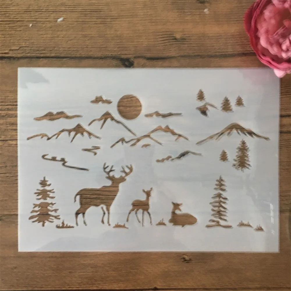 

A4 29cm Mountain Deer Sun Tree DIY Layering Stencils Wall Painting Scrapbook Coloring Embossing Album Decorative Template