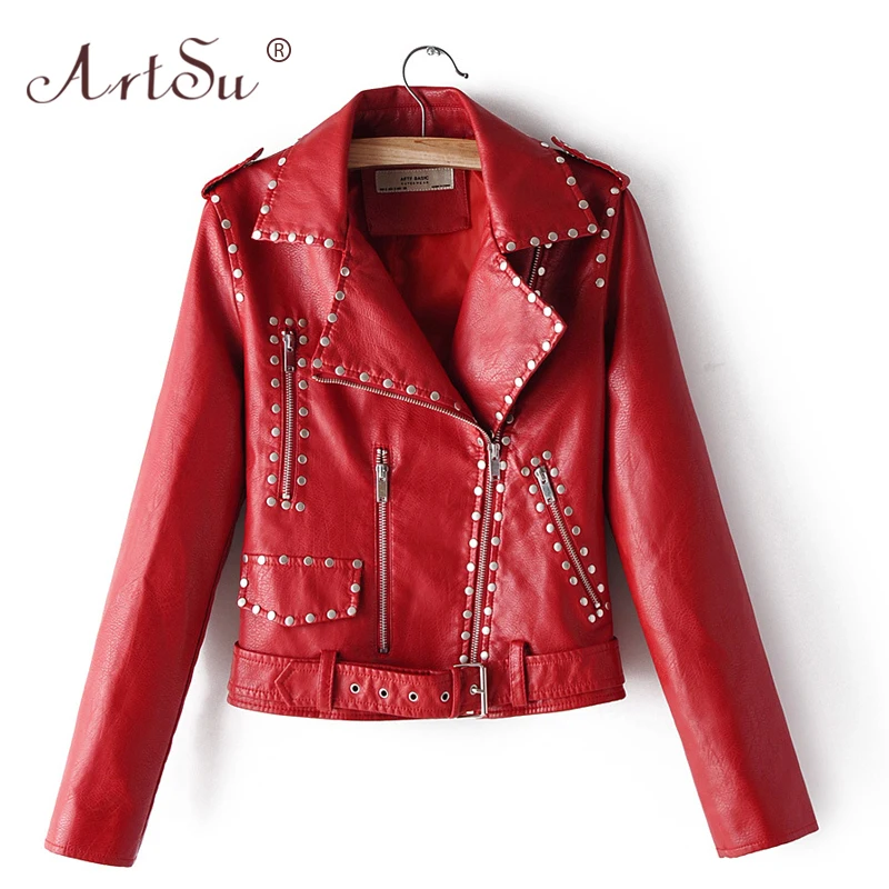 

ArtSu Cool Motorcycle Punk Rock Rivets Women Black Jacket Belted Short Party Coat Fashion Female Red White PU Leather Jackets XL