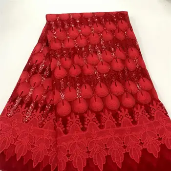 

Embroided Sequins Lace Fabric Bridal Red Sequence Embroidery Elegant French African Nigerian Latest Design Style High End