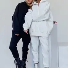 

Solid Color Hoodie Pants Suit Warm Elastic Cuff Casual Long Sleeve Hooded Women Suit for Winter Straight Pants