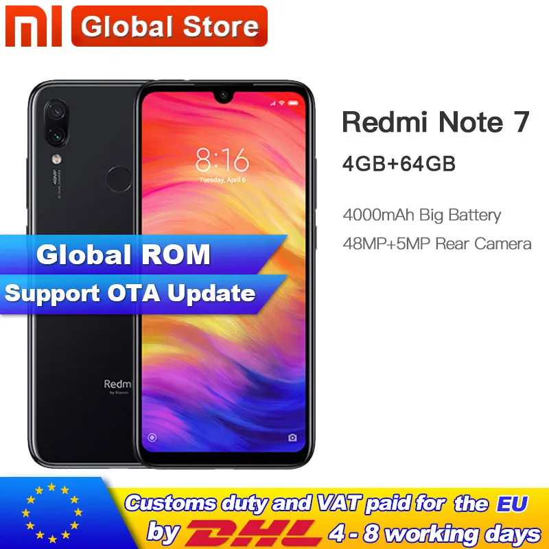 

Global ROM Xiaomi Redmi Note 7 64GB ROM 4GB RAM Mobilephone Snapdragon 660 Octa Core 4000mAh 6.3" 2340*1080 48MP+13MP Camera