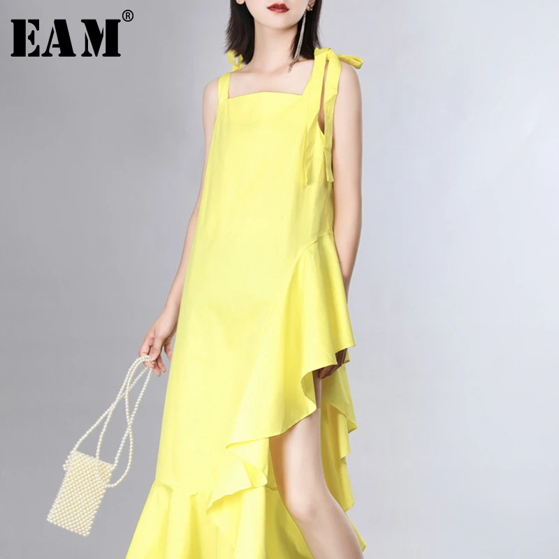 

[EAM] Women Dress New Strapless Sleeveless Loose Fit Ruffles Spliced Bandage Irregular Fashion Tide Spring Summer 2019 JZ346