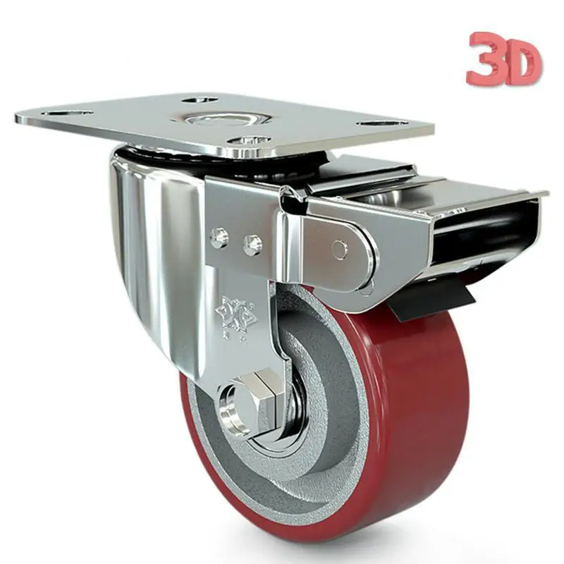 1 Pc Caster Medium-sized 4-inch Cast Iron Polyurethane Red Double Axle Universal Wheel With Brake Storage Cage Logistics Cart |