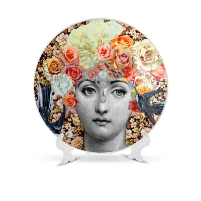 Тарелка богини розы Lina Cavalieri, цветочное блюдо, керамическая круглая тарелка для украшения дома, человеческое лицо, Бабочка, подвесная тарелка - Цвет: N14