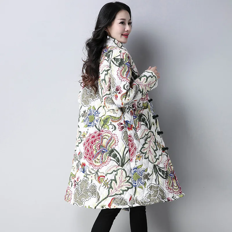 

2018 Autumn And Winter New Style Ethnic-Style Cotton Linen Printed Stand Collar Frog Cotton-padded Clothes Mid-length Padded Cot