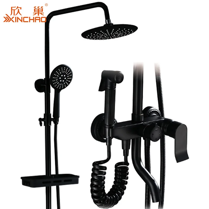 

Xin chao Health Faucet Fourth Gear Tap Black And White with Pattern Shower Height Adjustable Baking Varnish Supercharge Shower N