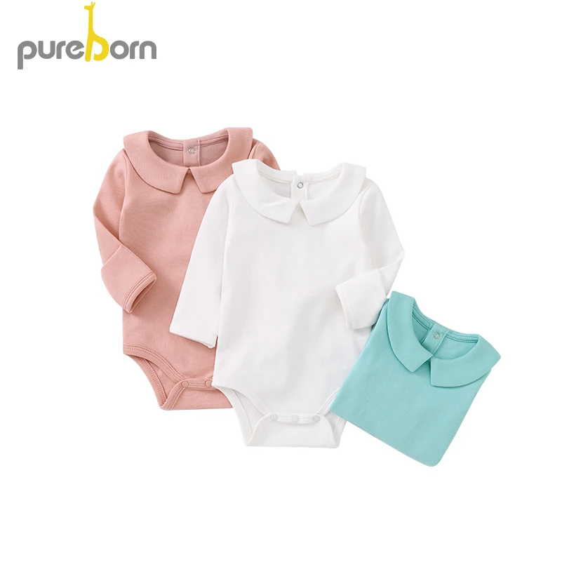 Pureborn Newborn Baby Bodysuit Peter Pan Collar Long Sleeve Jumpsuit Boys Girls Infant Outfits Solid Cotton Bapstim Costume