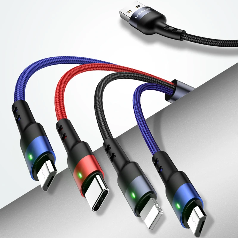 USAMS 4 в 1 мульти usb Кабель зарядного устройства для iPhone xs samsung huawei xiaomi линия зарядки для lightning micro usb type c кабель led - Тип штекера: Micro Micro IP usb c