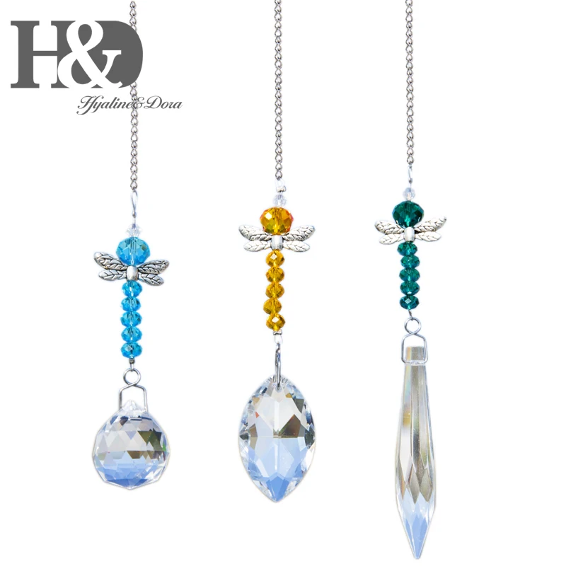 H&D Set of 3, Hanging Chandelier Crystals Prisms Pendants Dragonfly Ball Chakra Suncatcher Rainbow Maker Garden Home Decoration
