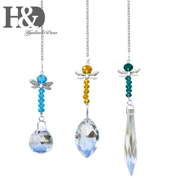 

H&D Set of 3, Hanging Chandelier Crystals Prisms Pendants Dragonfly Ball Chakra Suncatcher Rainbow Maker Garden Home Decoration