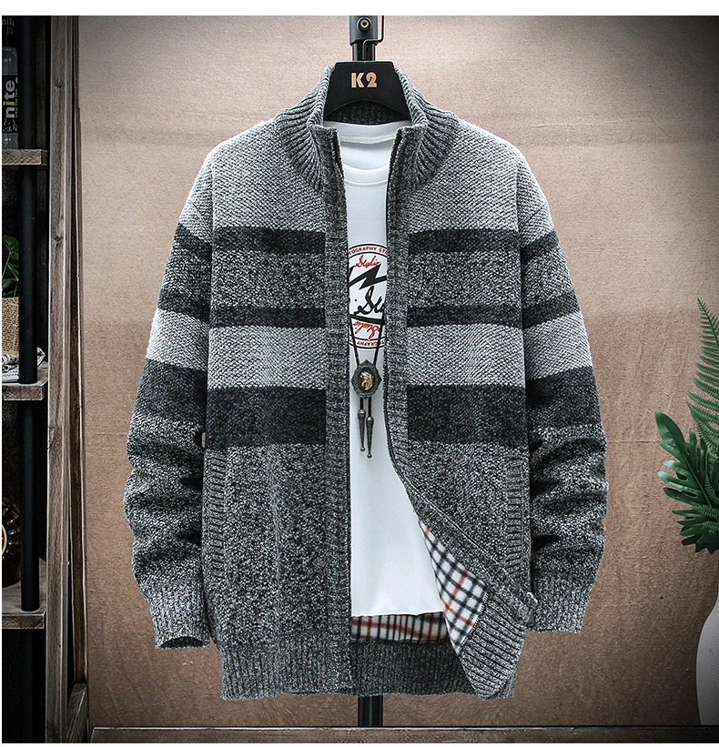 mens cream sweater New winter patchwork striped sweater men spring autumn fleece thick warm zip cardigan sweater coat jacket mens turtleneck