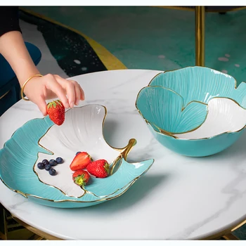 

European Art Luxury Ceramic Apricot Leaf Snack Sushi Plate Home High-end Phnom Penh Breakfast Fruit Salad Bowl Kitchen Supplies