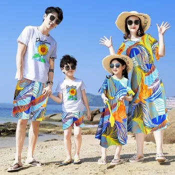

Family Clothing Summer Style top+ Short Pants Mother Daughter Beach Print Dress Father Son Clothes Set