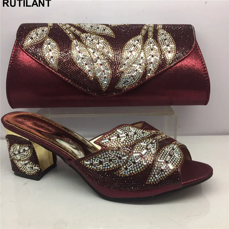 

New Arrival Latest Italian Shoes and Bags To Match Shoe with Bag Set Decorated with Rhinestone African Wedding Shoe and Bag Set