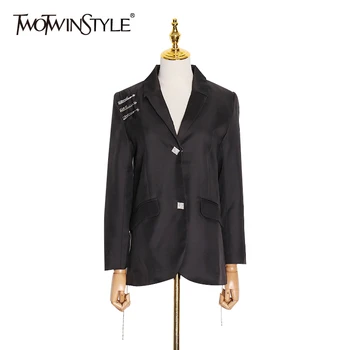 

TWOTWINSTYLE Spring Patchwork Tassel Pin Blazer For Women Notched Long Sleeve Slim Elegant Trench Coats Female Fashion New 2020