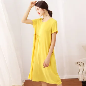 

Casual Dress Summer Women 2019 New Fashion Solid Color Stitching Round collar Short sleeve Loose Dress Hot Sale
