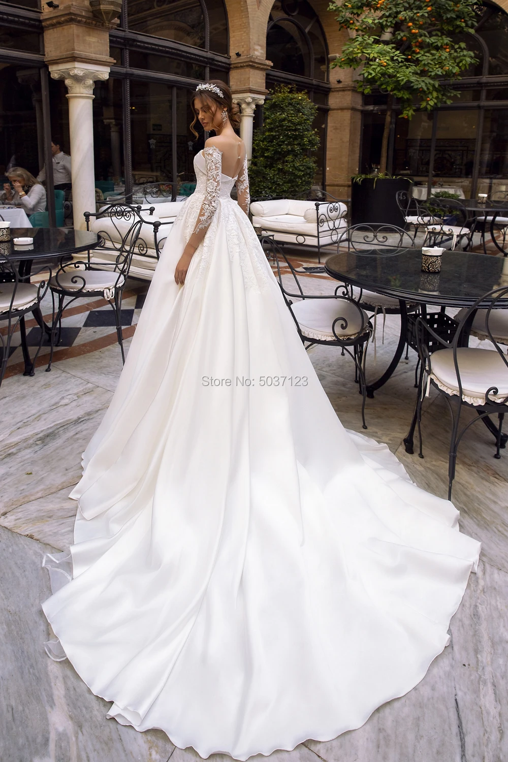 Атласные свадебные платья с длинными рукавами, ТРАПЕЦИЕВИДНОЕ кружевное свадебное платье с аппликацией, Vestido De Noiva, пуговица со шлейфом