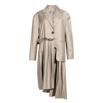 

Sharezz 2020 Runway Designer Women Spliced Pleated Asymmetric Trench Fashion Loose Double Breasted Coats Spring Tide