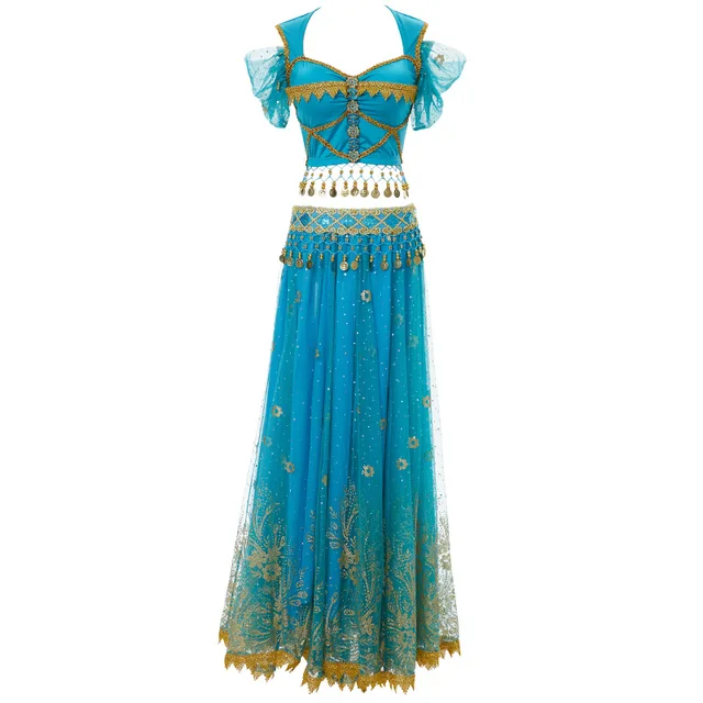 Festival Arabian Princess Costumes Indian Dance Embroider Bollywood Jasmine Costume Party Cosplay Jasmine Princess Fancy Outfit Blue 3 - 3pcs Set