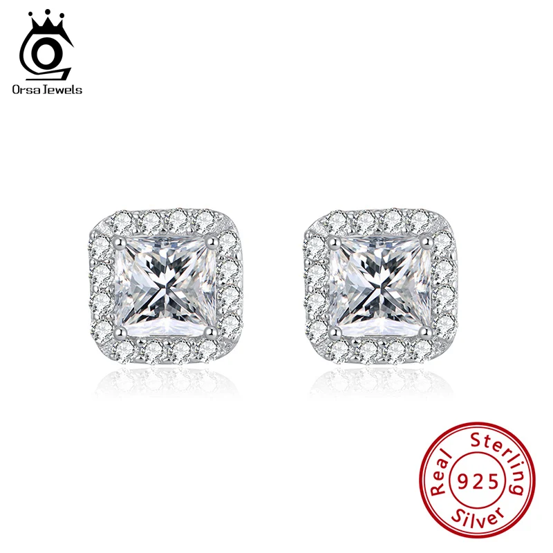 Серьги-гвоздики ORSA JEWELS Настоящее серебро 925 пробы квадратная огранка AAAA
