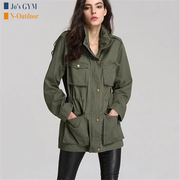 

New Fashion Women Loose Army Green Streetwear Stand Collar Multi-pocket Long Sleeve Outwear Jacket Sports Camping Hiking Jackets