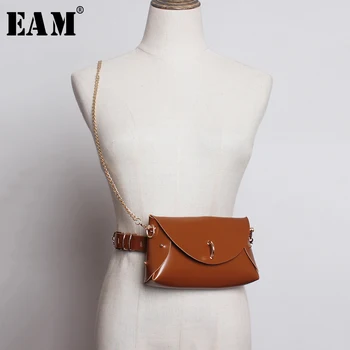 

[EAM] Pu Leather Metal Chain Split Joint Mini-bag Long Belt Personality Women New Fashion All-match Spring Autumn 2020 1A776