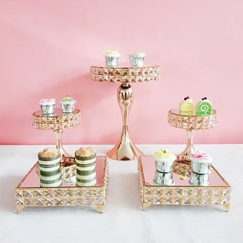 

Square crystal gold color Square decorative tray cake stand set