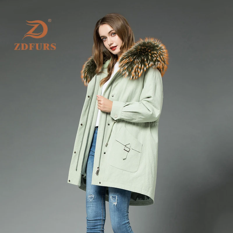 ZDFURS* Настоящий мех кролика Женская парка с роскошным мехом енота с капюшоном зимний помпон из натурального меха куртки Длинные Стиль ветрозащитные