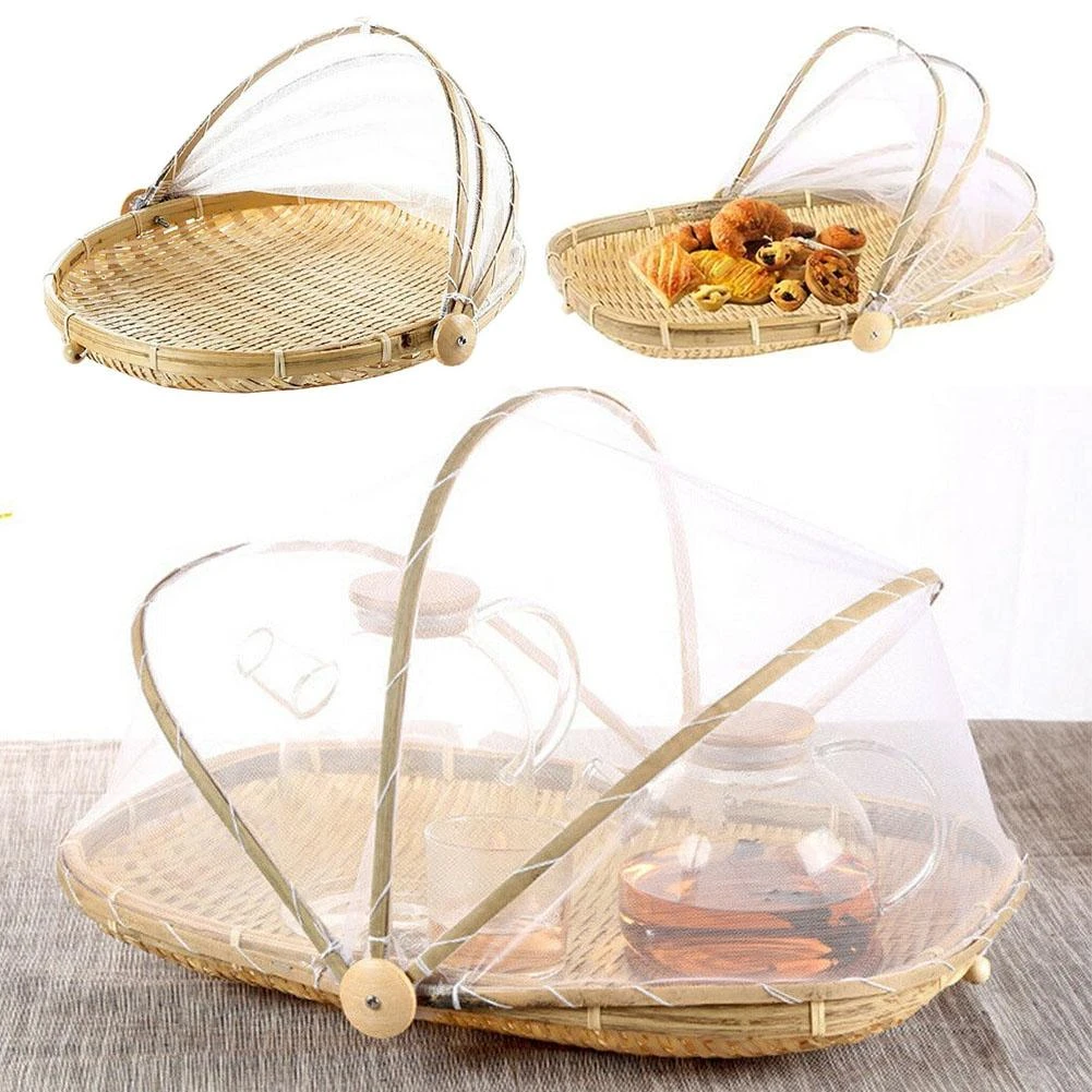 Bamboo Tent Basket Hand Woven Tray Anti Bug Food Fruit Container Net Cover