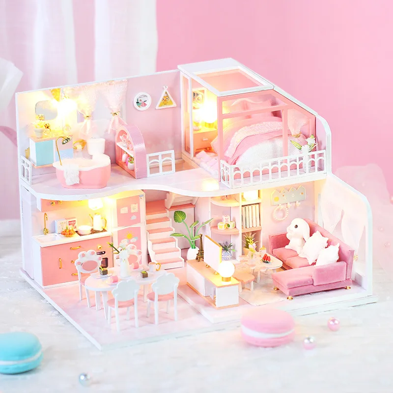 DIY Puppenhaus Miniatur Möbel Kit Holz Puppe Haus Spielzeug w/LED Licht & 