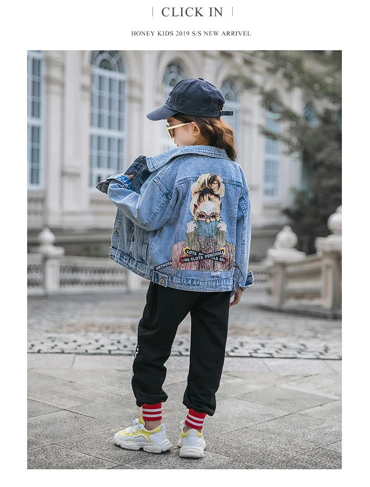 Детская Модная Джинсовая Куртка Harajuku Граффити патч дизайн свободные джинсы пальто для девочек Modis детская одежда верхняя одежда Y1861