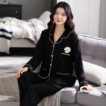 

BZEL Black Elegant Pajamas Set Cotton Sleepwear For Women Daisy Design Long Sleeves Long Pants Nightwear Casual Home Suit Pijama