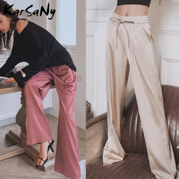 

Summer Women's Wide Leg Pants High Waist Female Trousers Elegant Casual Lace Up Drape Soft Summer Loose Pants For Women White