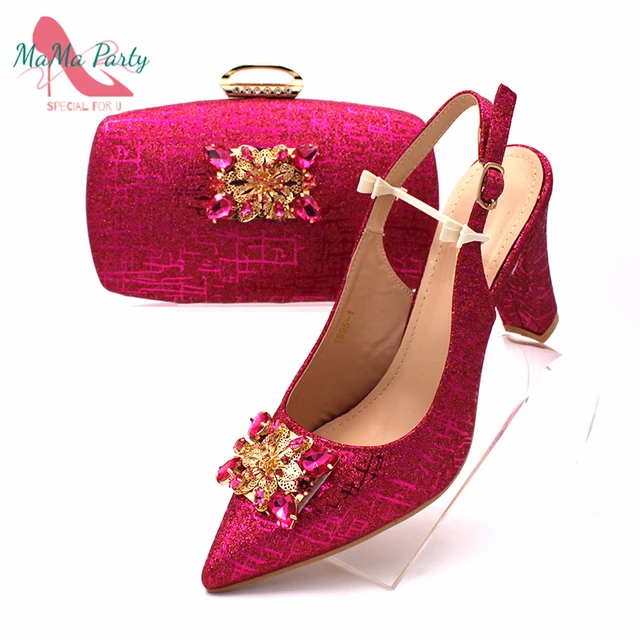 Fashionable African Shoes and Bag Set Italian Women  Fuchsia Color Nigerian Shoes with Matching Bags for Royal Wedding Party 1