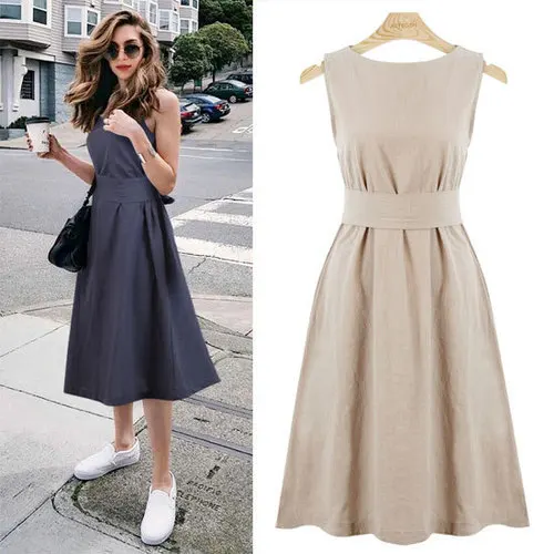 

2018 Europe And America Solid Color Waist Hugging Sleeveless Crew Neck Dress