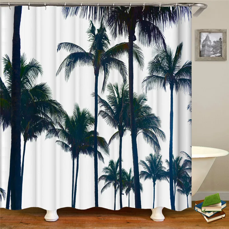 

Waterproof polyester fabric 3D shower curtain pine leaf bathroom curtain plant beach shower curtain for home decoration