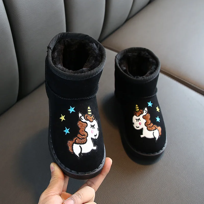 19 новая зимняя детская хлопковая обувь для мальчиков и девочек с вышитым единорогом, хлопковые утепленные бархатные зимние сапоги