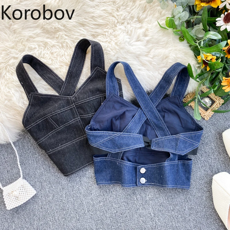 Korobov корейский винтажный джинсовый топ на бретелях уличная одежда v-образный