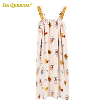

Soft New Cartoon Printing Night Wear Night Gown Home Dress Long Shirt Summer Woman Clothes Night Dress Sleeveless Printing