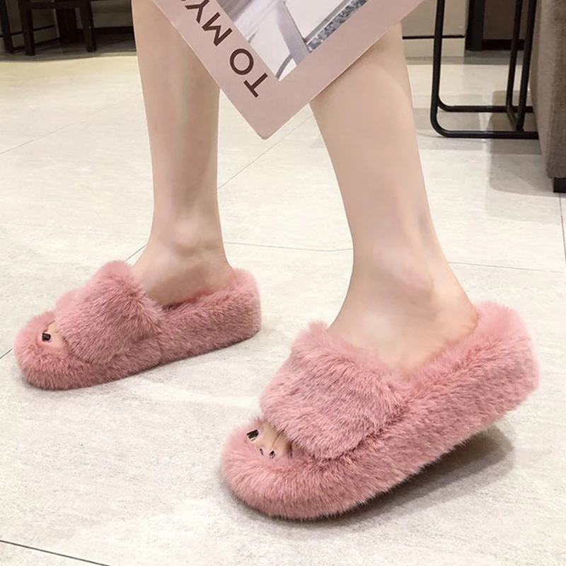 2020 Winter Hot Home Women Pink Fur Slippers Fashion Faux Fur Ladies Solid  Color Plush Warm Thick Bottom Woman Furry Slippers|Slippers| - AliExpress