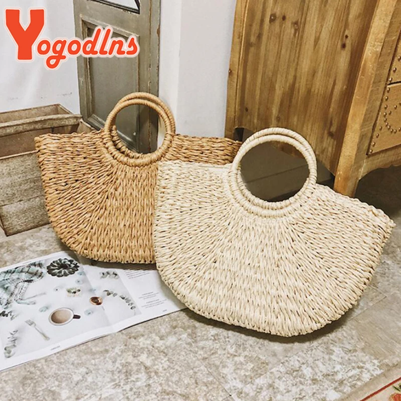 Yogodlns New Fashion MOON Straw Handbags Women Summer Beach Bag Rattan Bag Handmade Vintage Woven Handbag For Women bolsa femme