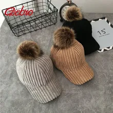 Geebro, теплые вельветовые бейсболки, толстая шапка для женщин, повседневная, для путешествий, для папы, шапка с искусственным меховым помпоном для зимы и осени, для улицы