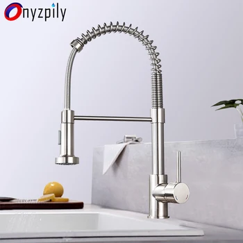

Spring Brushed Kitchen Sink Faucet Pull Down Sprayer Nozzle Single Handle Faucet Mixer Hot Cold Stainless Steel Modern