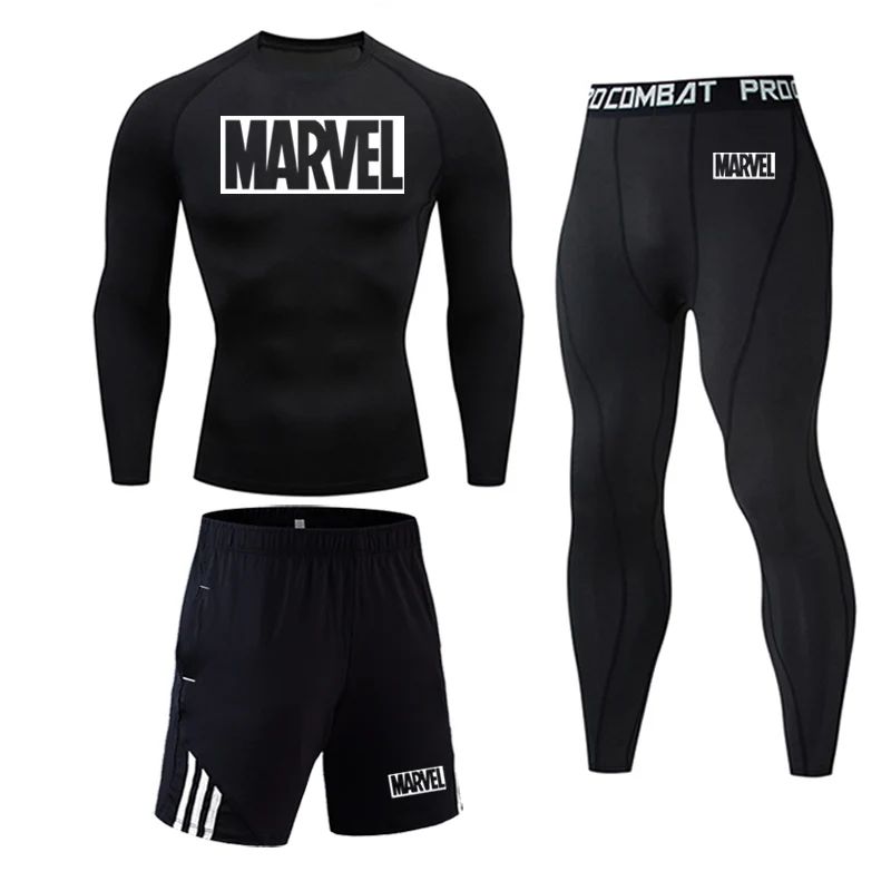 Для мужчин спортивный костюм для тренажерного зала Фитнес компрессионный спортивный костюм Одежда для бега на улице с героями комиксов Марвел, спортивной тренировки колготки 3 шт./компл