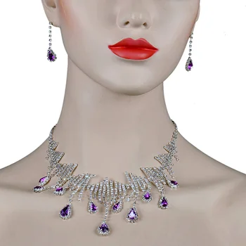 

Chran Luxury Rhinestone Silver Plated Purple Drop Crystal Wedding Jewelry Sets Charm Bridal Necklace Earrings Set