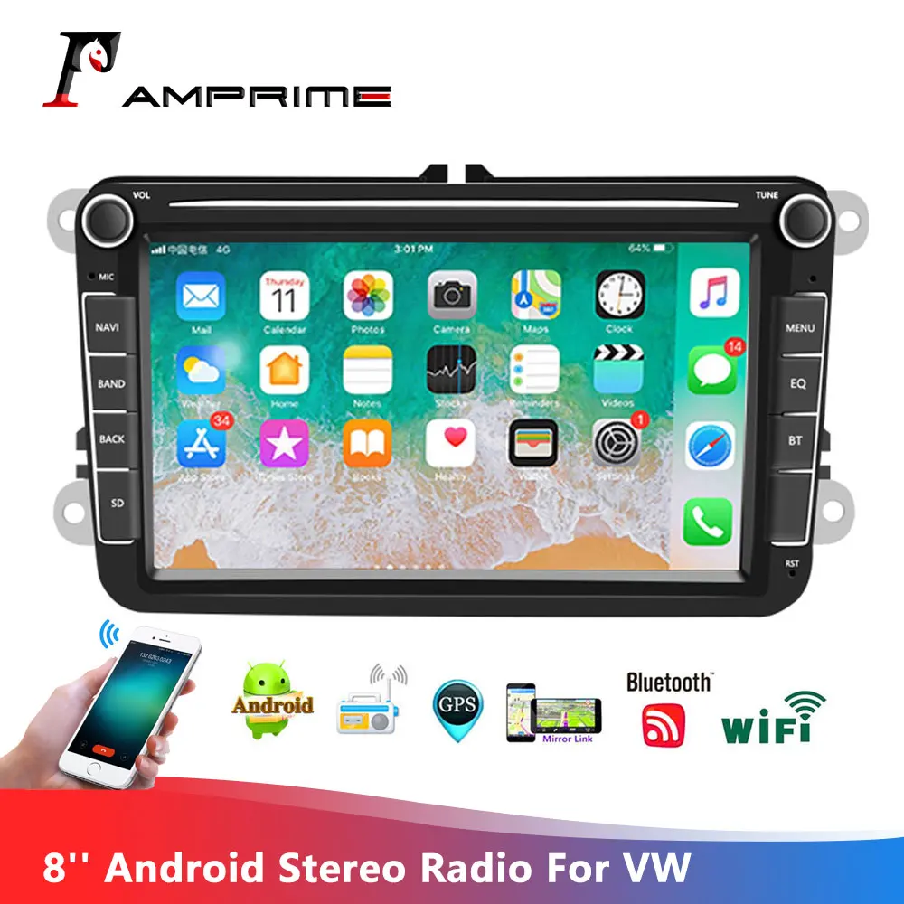 AMPrime Android Double Din GPS Car Stereo Radio 8''Touch Screen Car MP5 Player with Bluetooth GPS FM Radio Receiver For VW Skoda