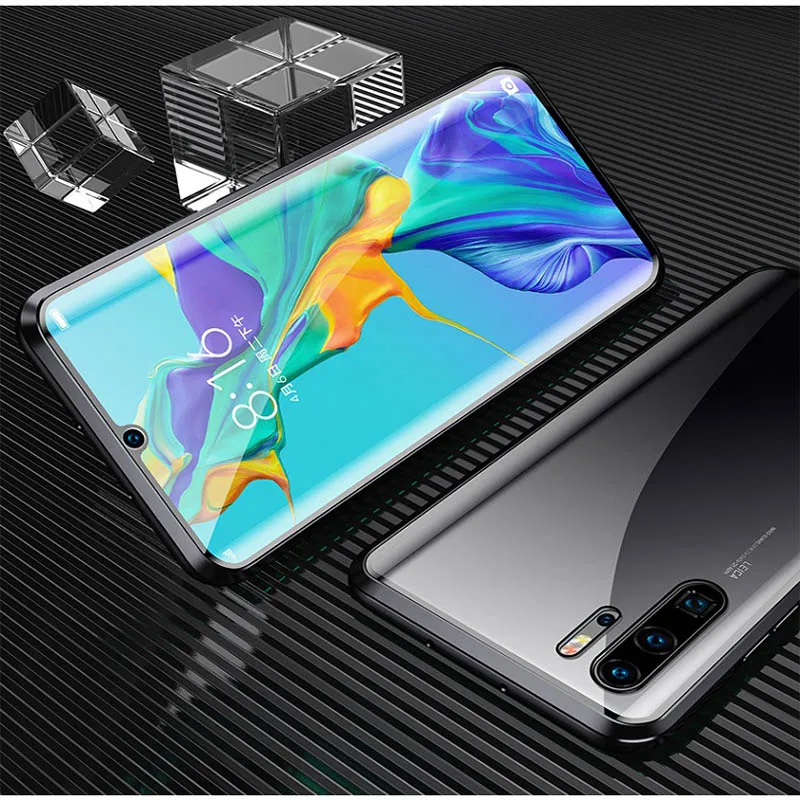 Black Переднее и заднее закаленное стекло металлический магнитный чехол для huawei mate 20Pro P 30Pro изогнутое стекло 360 ° защитный чехол - Цвет: Black