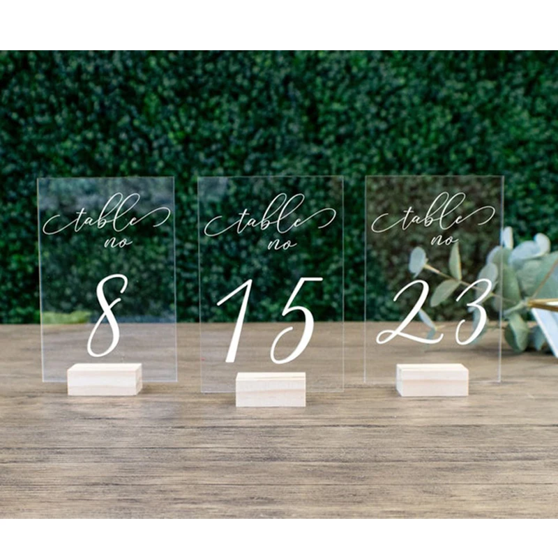 Personalized Wedding Table Numbers with Holders Calligraphy Acrylic Table Number,Wedding Signage Clear Wood Number Stand