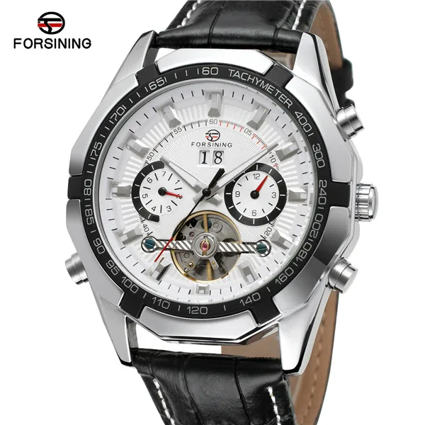 FORSINING Luxury Brand Men Automatic Mechanical Watch Men's Black Leather Band Canlendar Tourbillon Skeleton Wrist Watches - Цвет: 4
