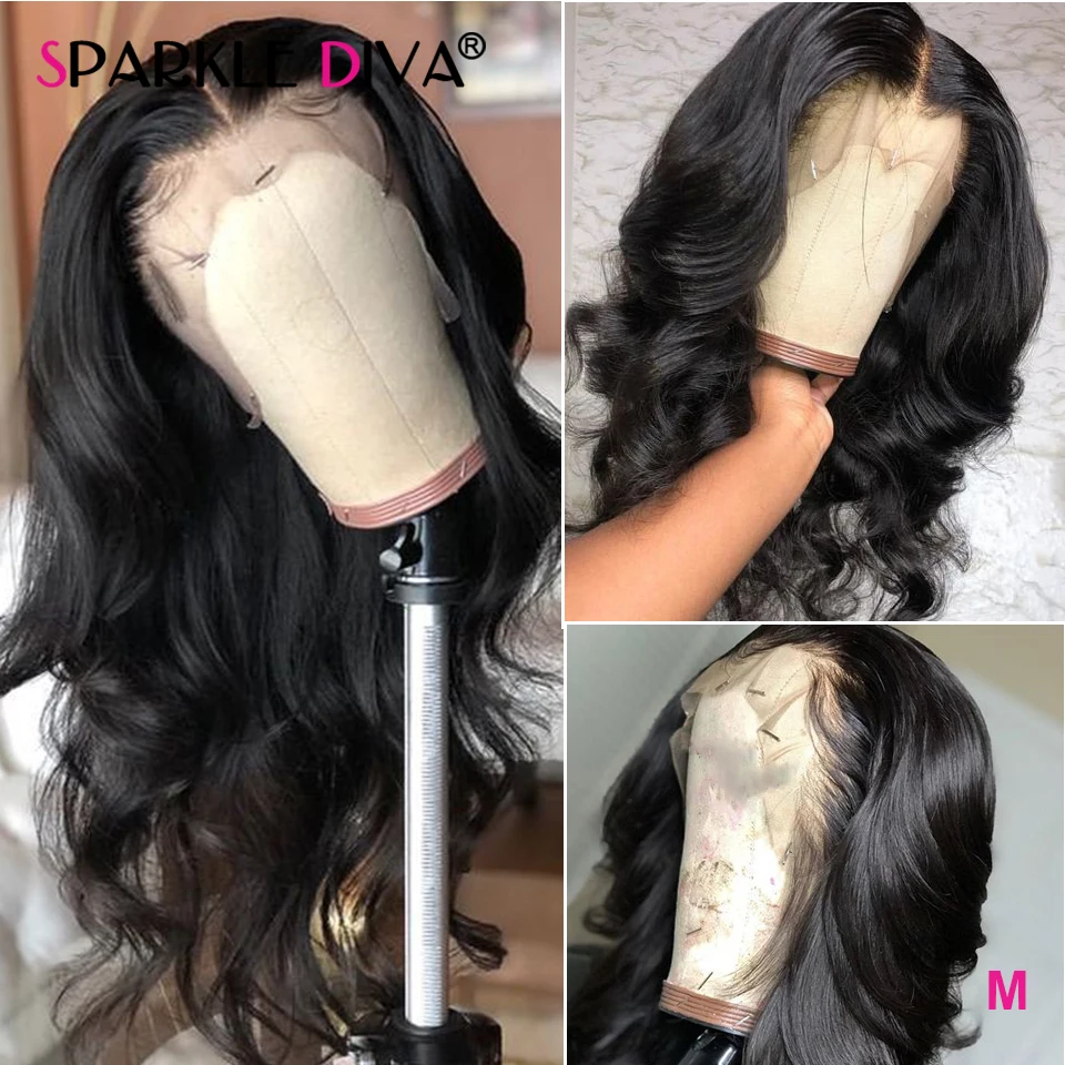 70 CM Body Wave Lace Front Human Hair Wig 13x1 Brazilian Wigs Sparkle Diva 150 Density Remy For Women | Шиньоны и парики
